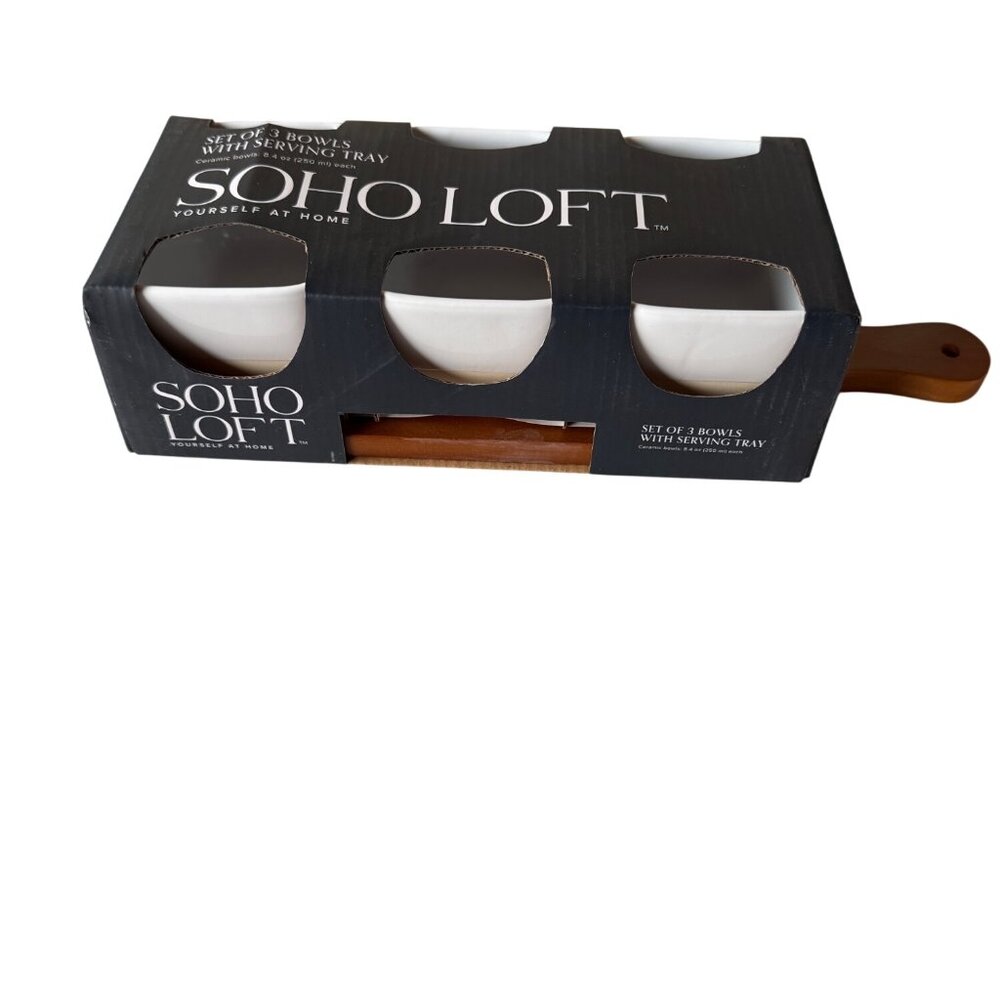 Soho Loft Set Of 3 Ceramic Bowls With Wooden Serving Tray 8.4 Oz Each NIB